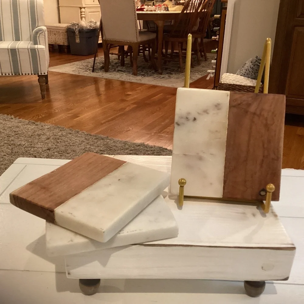 Set of (3) Marble & Acacia Wood Coasters